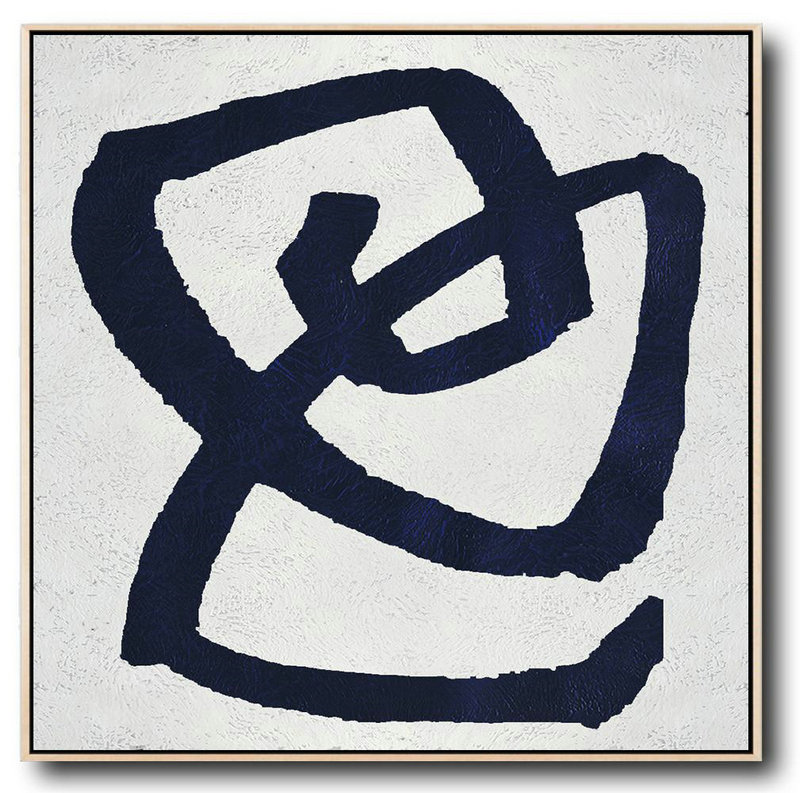Hand Painted Extra Large Abstract Painting,Minimalist Navy Blue And White Painting,Home Canvas Wall Art